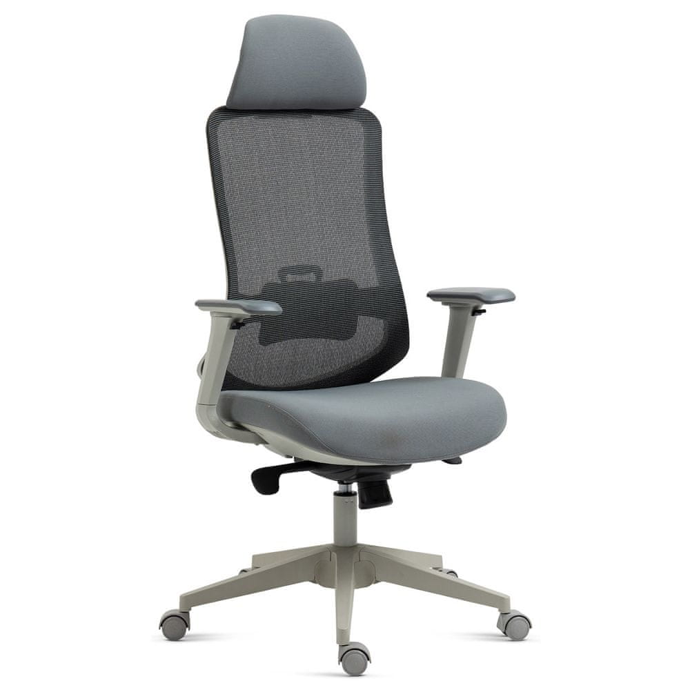 Autronic Kancelárska stolička, šedý plast, šedá priežná látka a mesh, 4D podrúčky, kolieska pre tvrdé podlahy, multifunkčný mechanizmus